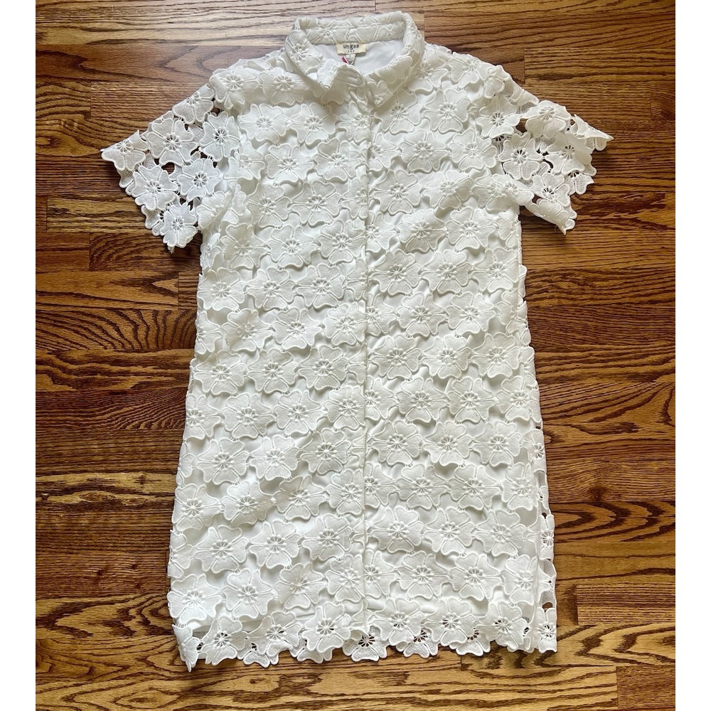 Umgee Off-White Floral Button-Down Lace Collared Dress Size Small - Picture 2 of 5
